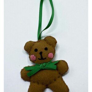 Gingerbread Bear Christmas Ornament Handmade Felt Green Bow Vintage